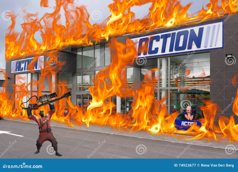 Low-effort edit of Pyro burning down an Action shop by EucalyptusSoldier
